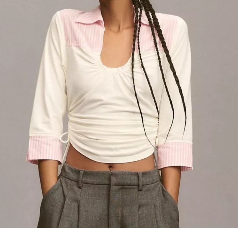 Maeve Anthropologie Womens Pink White Stripe Collared Scoop-Neck Top, 3/4 Sleeve